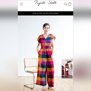 Pink and Orange Wide-Leg Jumpsuit with V-Neckline